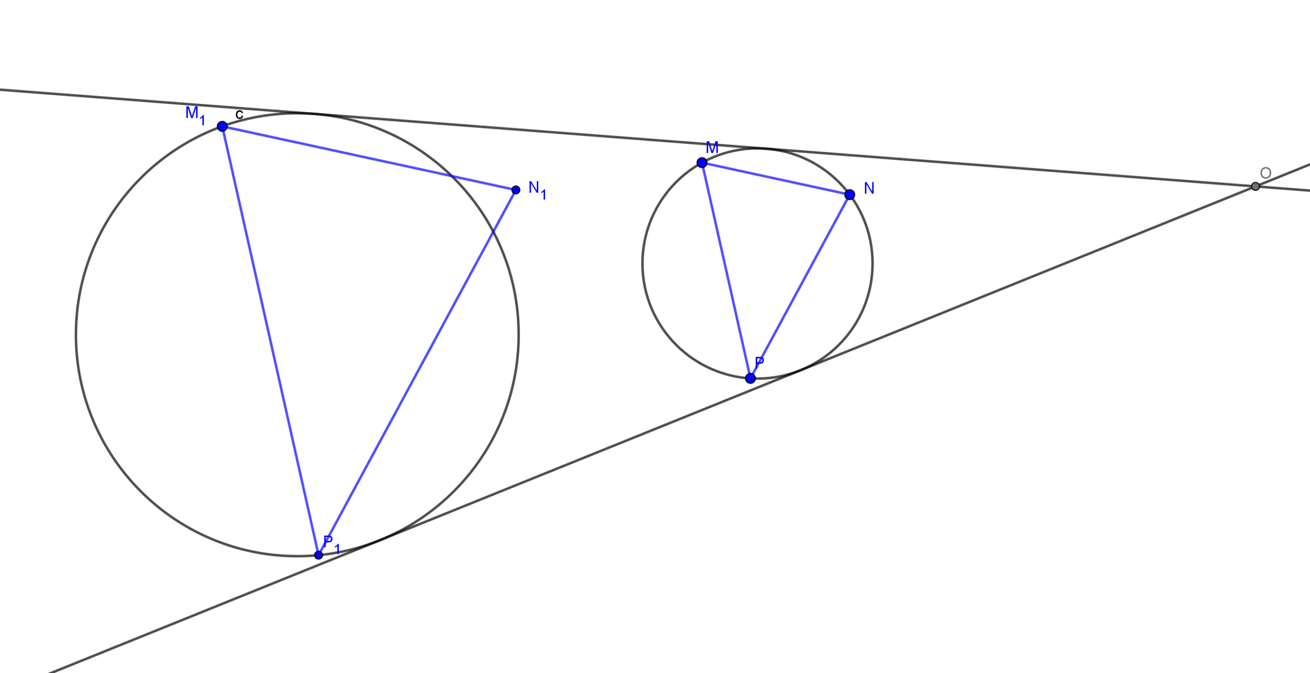 A intersección das tanxentes exteriores á circunferencia determinan o centro O da homotecia.